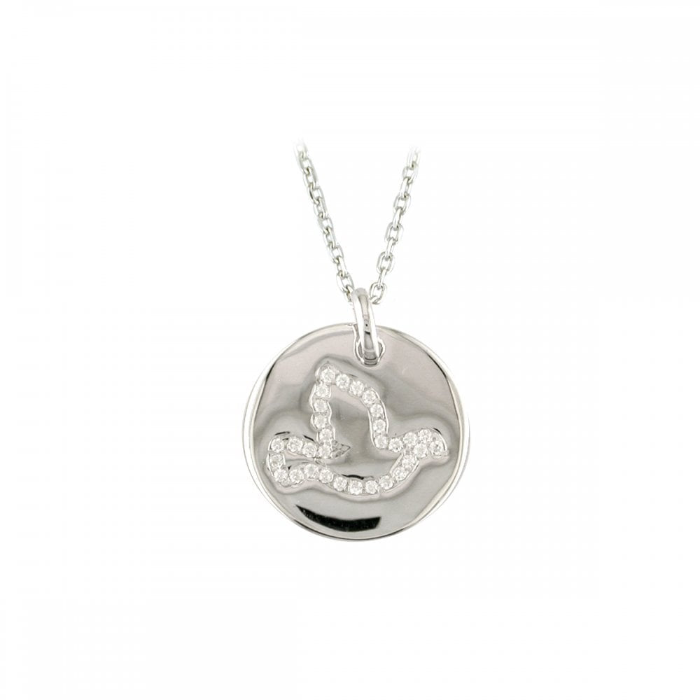 STERLING SILVER SHINY ROUND DISC PENDANT WITH CUT OUT DOVE & ZIRCONIA