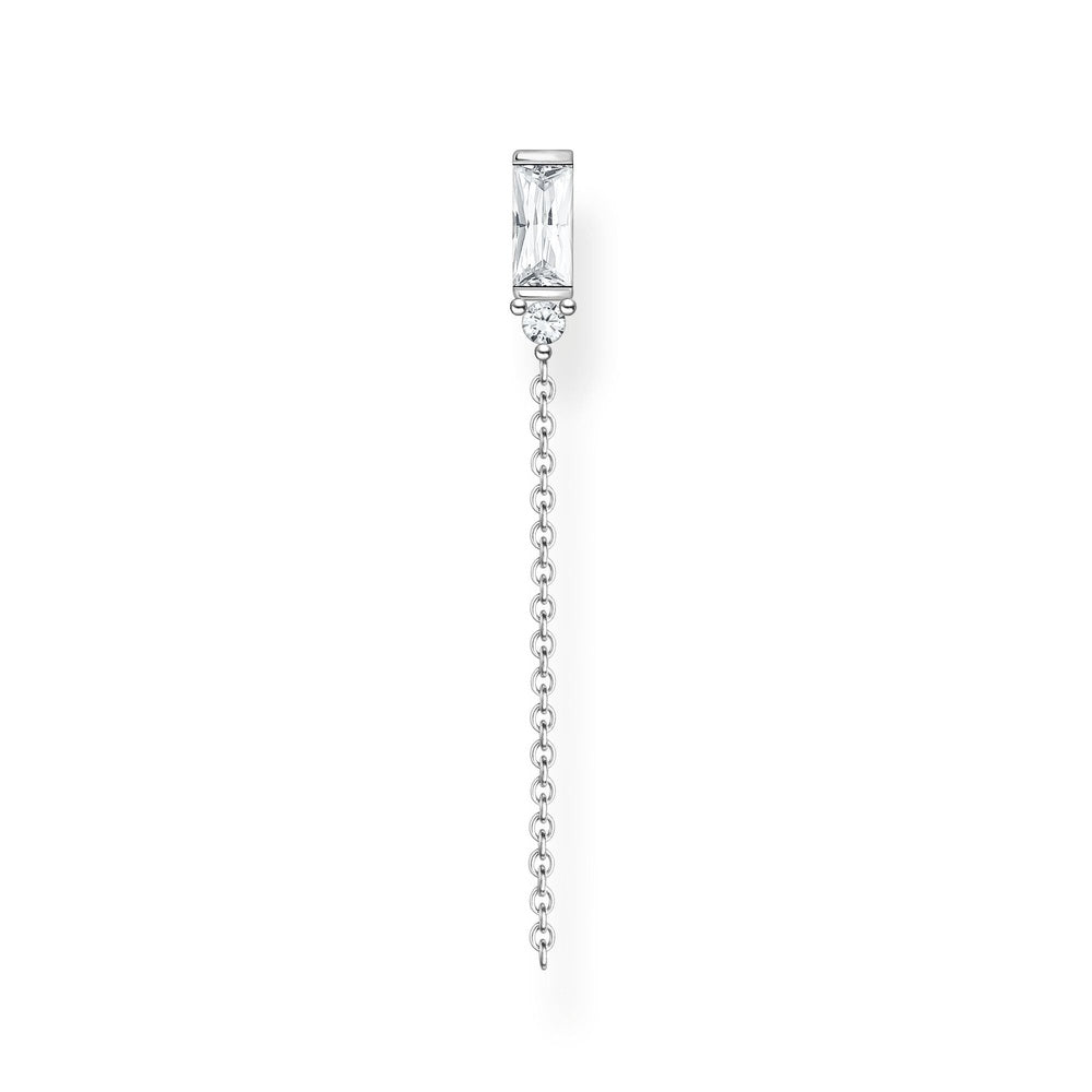 STERLING SILVER SINGLE EAR STUD WITH CHAIN DROP & EMERALD CUT ZIRCONIA