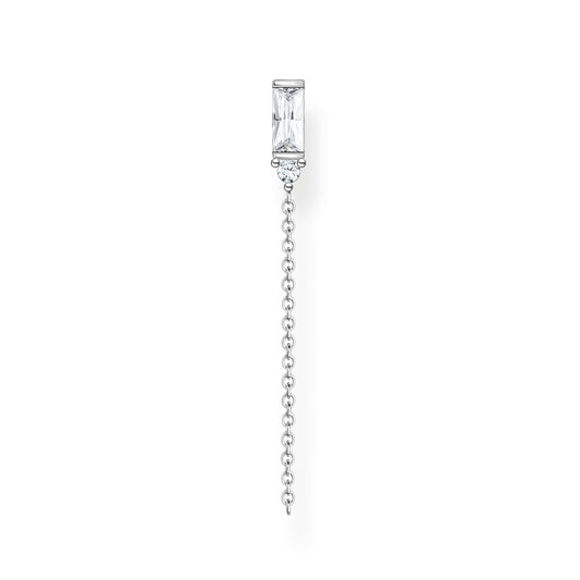 STERLING SILVER SINGLE EAR STUD WITH CHAIN DROP & EMERALD CUT ZIRCONIA