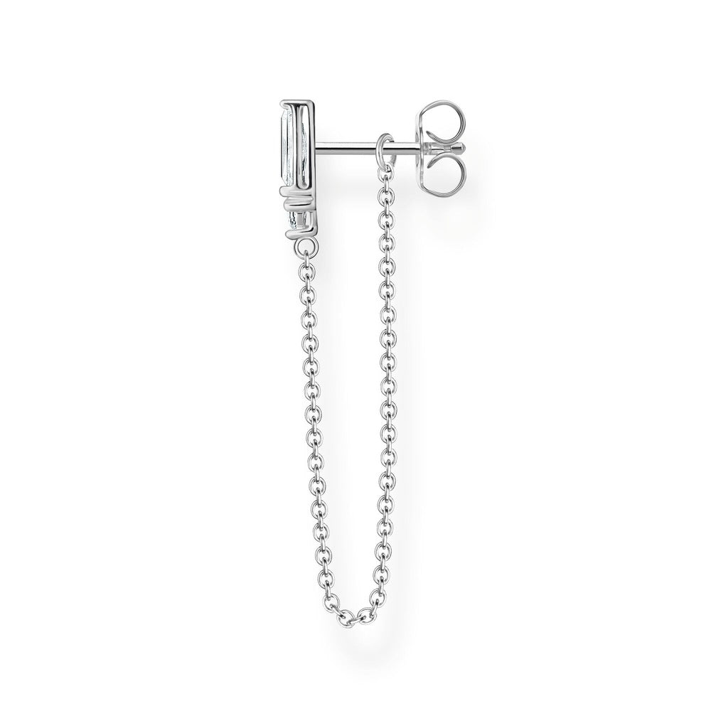 STERLING SILVER SINGLE EAR STUD WITH CHAIN DROP & EMERALD CUT ZIRCONIA
