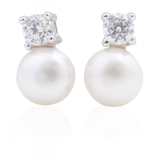 STERLING SILVER SNOWMAN STYLE FRESHWATER PEARL & CUBIC ZIRCONIA STUD EARRINGS