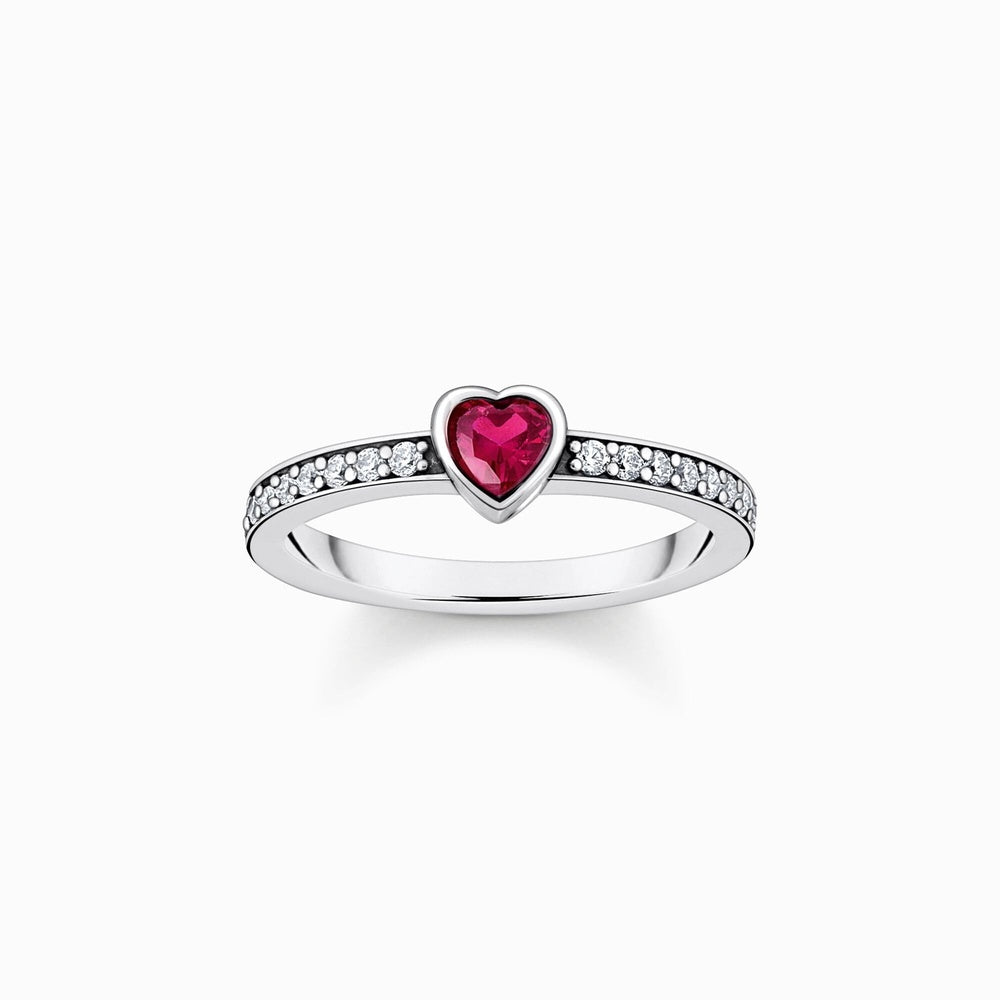 STERLING SILVER SOLITAIRE RING WITH RED HEART-SHAPED STONE