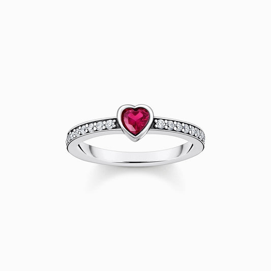 STERLING SILVER SOLITAIRE RING WITH RED HEART-SHAPED STONE