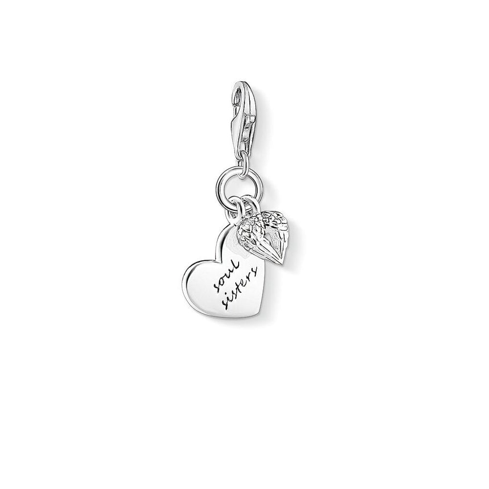 STERLING SILVER "SOUL SISTERS" HEART CHARM PENDANT WITH A SMALLER ANGEL WINGS HEART CHARM