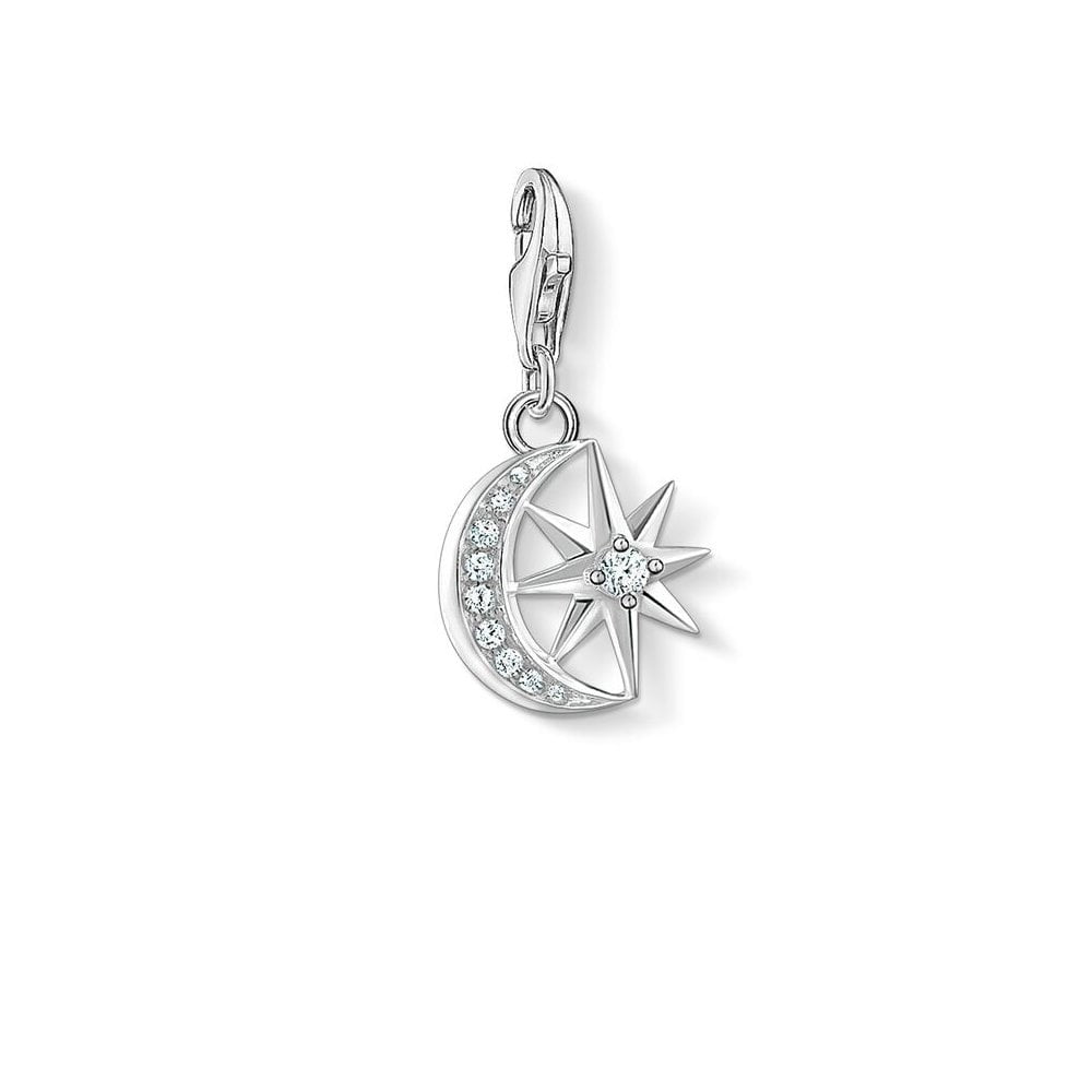 STERLING SILVER STAR & MOON CHARM PENDANT WITH CUBIC ZIRCONIA