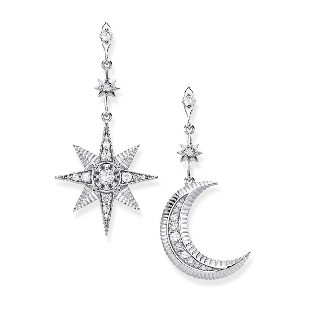 STERLING SILVER STAR & MOON DROP EARRINGS WITH ZIRCONIA