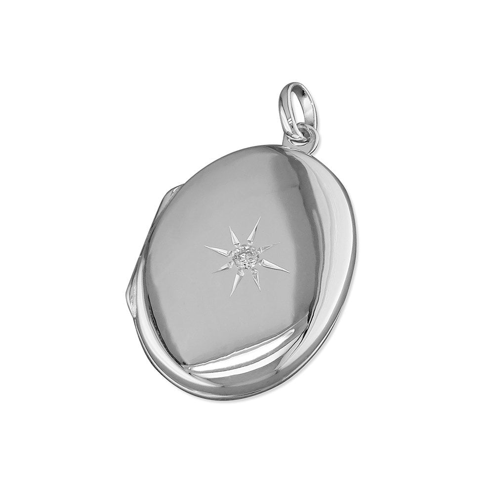 STERLING SILVER STAR-SET CUBIC ZIRCONIA OVAL LOCKET 