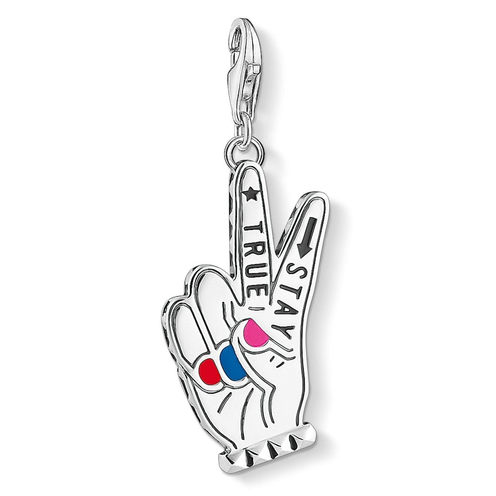 STERLING SILVER "STAY TRUE" PEACE HAND CHARM PENDANT WITH PINK, BLACK, BLUE & RED ENAMEL