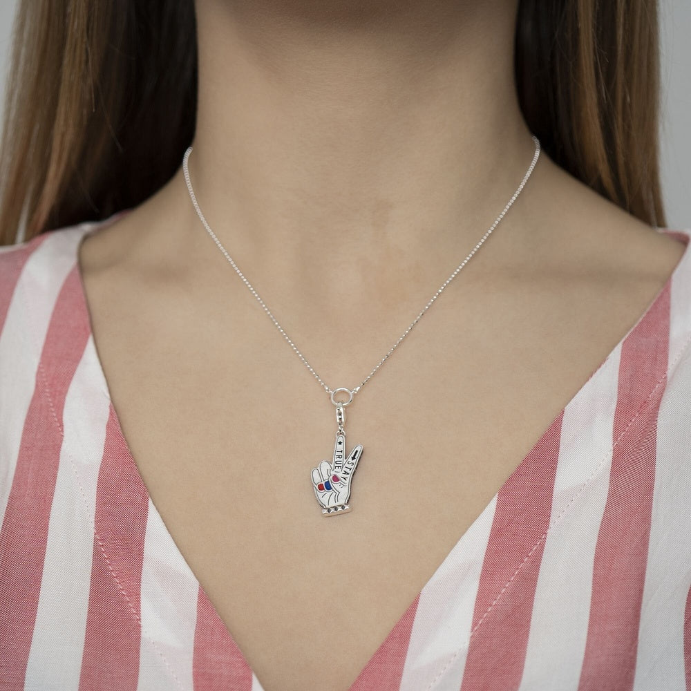 STERLING SILVER "STAY TRUE" PEACE HAND CHARM PENDANT WITH PINK, BLACK, BLUE & RED ENAMEL