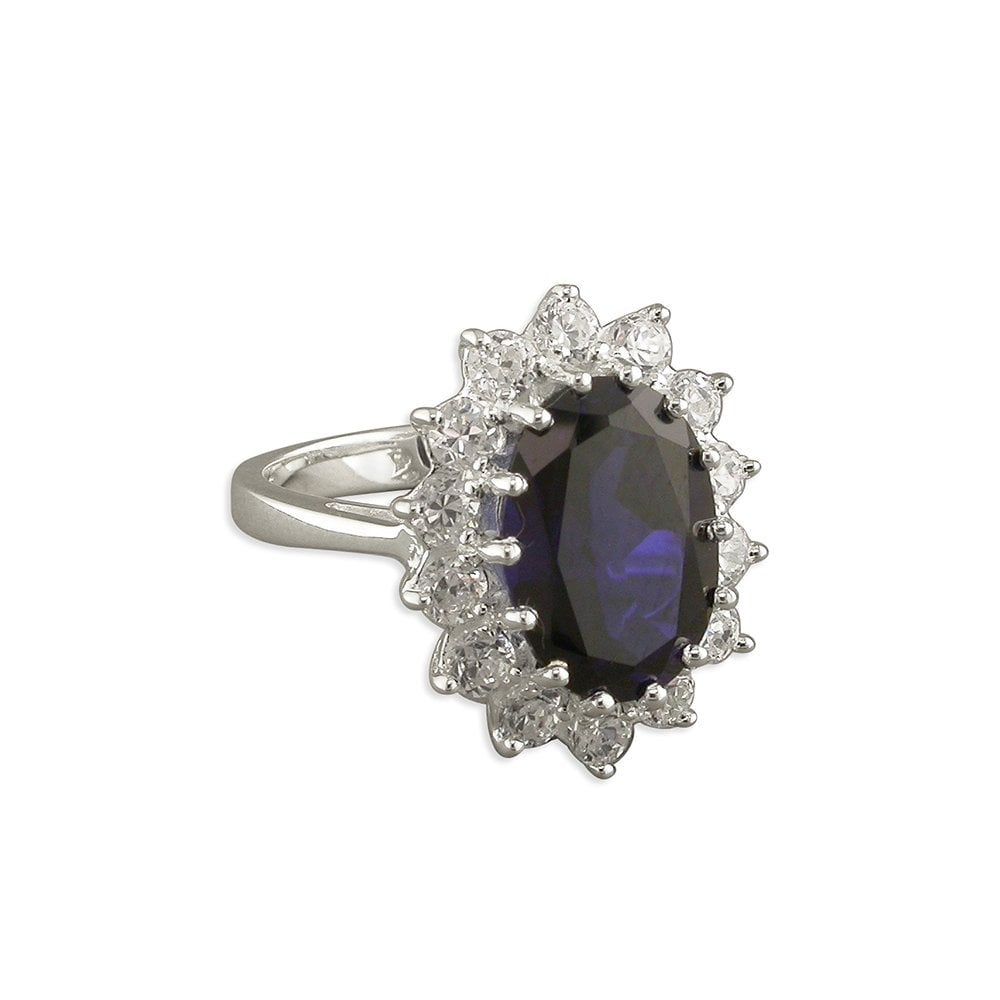 STERLING SILVER SYNTHETIC SAPPHIRE RING WITH CUBIC ZIRCONIA OVAL CLUSTER 