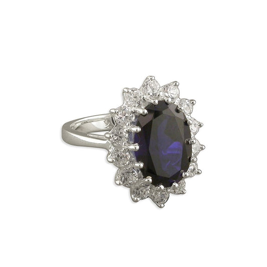 STERLING SILVER SYNTHETIC SAPPHIRE RING WITH CUBIC ZIRCONIA OVAL CLUSTER 