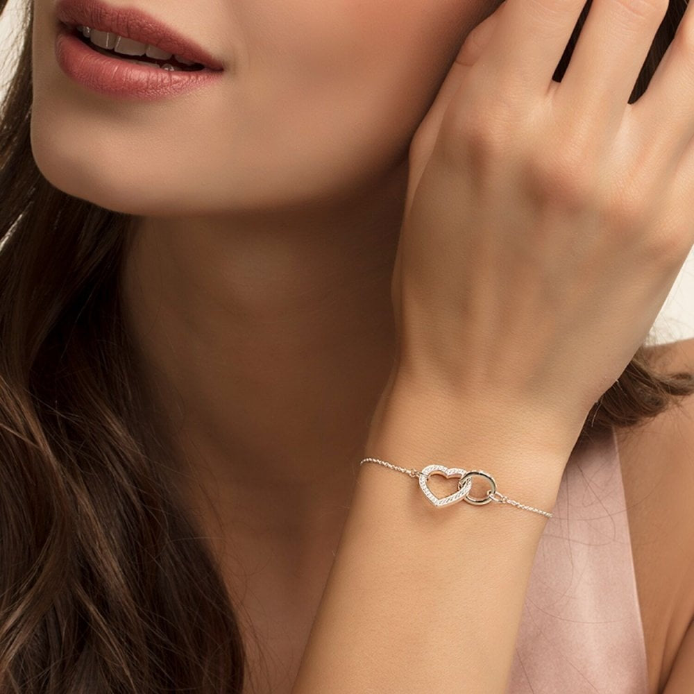 STERLING SILVER "TOGETHER" BRACELET WITH INTERLOCKING CUBIC ZIRCONIA HEART & "TOGETHER FOREVER" ENGRAVED CIRCLE