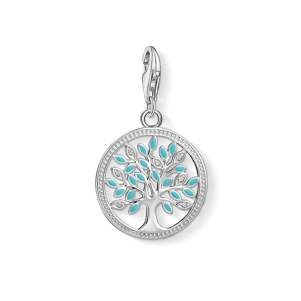 STERLING SILVER TREE OF LIFE CHARM PENDANT WITH TURQUOISE ENAMEL & CUBIC ZIRCONIA