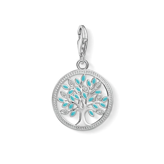 STERLING SILVER TREE OF LIFE CHARM PENDANT WITH TURQUOISE ENAMEL & CUBIC ZIRCONIA