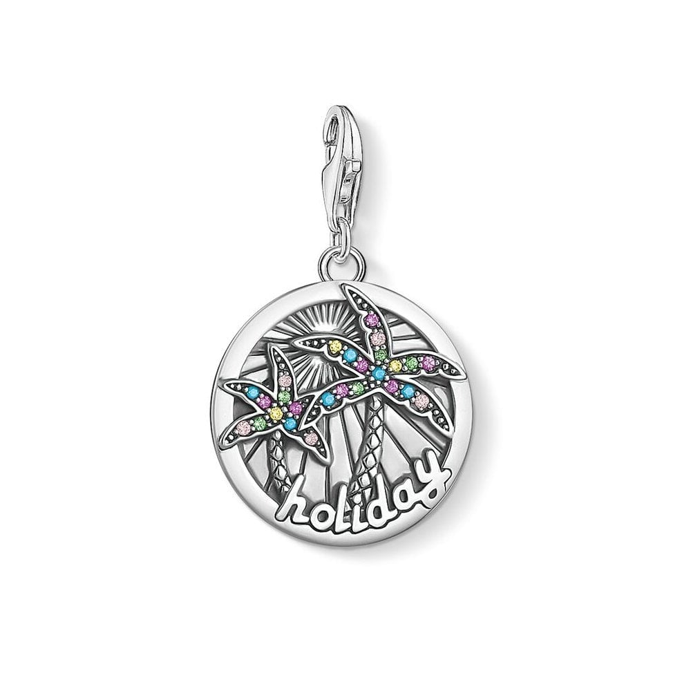 STERLING SILVER TROPICAL DISC CHARM PENDANT WITH COLOURFUL PALM TREES