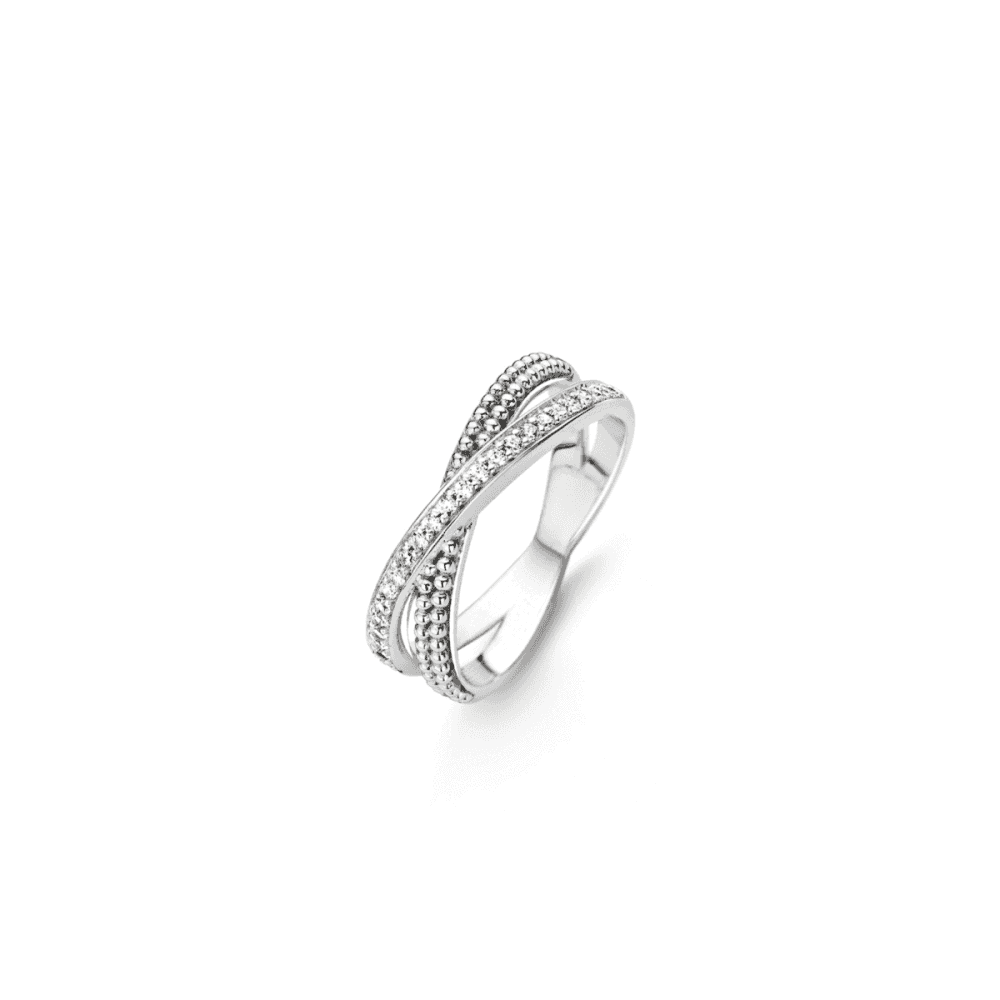 STERLING SILVER TWIST RING W/ZIRCONIA & OXIDISED BEADED DETAIL