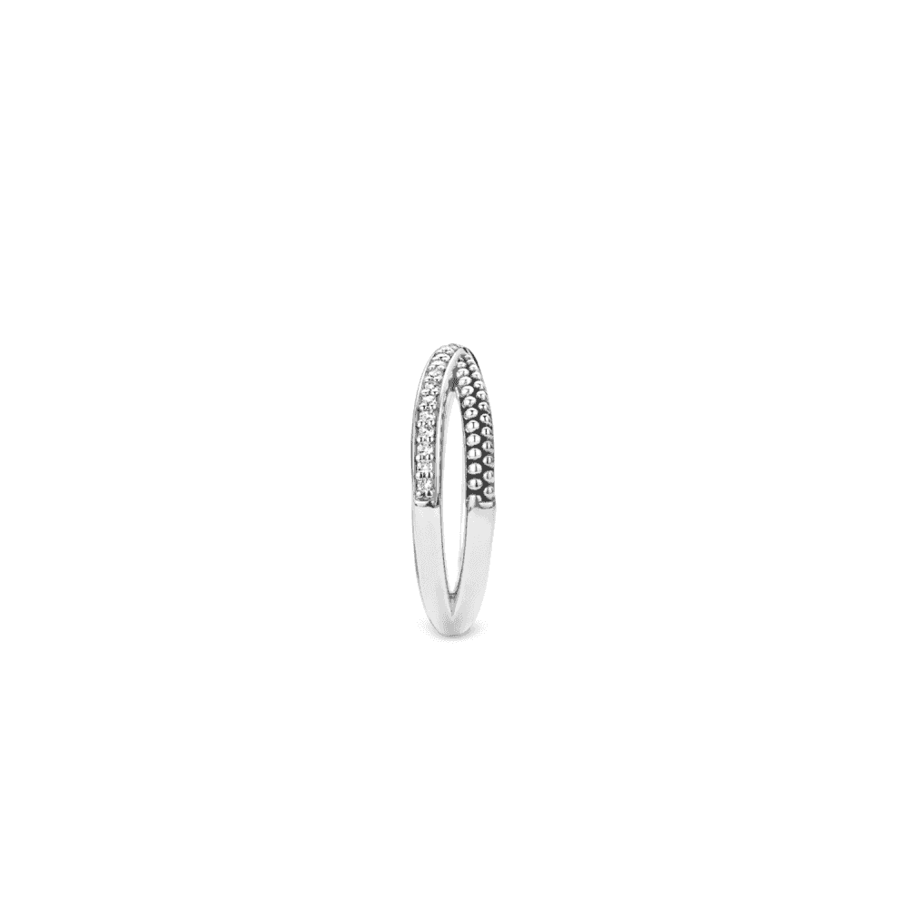 STERLING SILVER TWIST RING W/ZIRCONIA & OXIDISED BEADED DETAIL