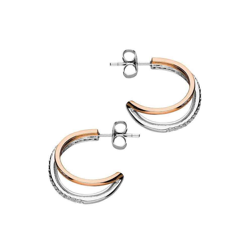 STERLING SILVER TWO TONE PLAIN & CUBIC ZIRCONIA DOUBLE STUD HOOP