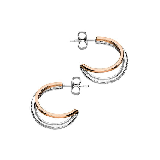 STERLING SILVER TWO TONE PLAIN & CUBIC ZIRCONIA DOUBLE STUD HOOP