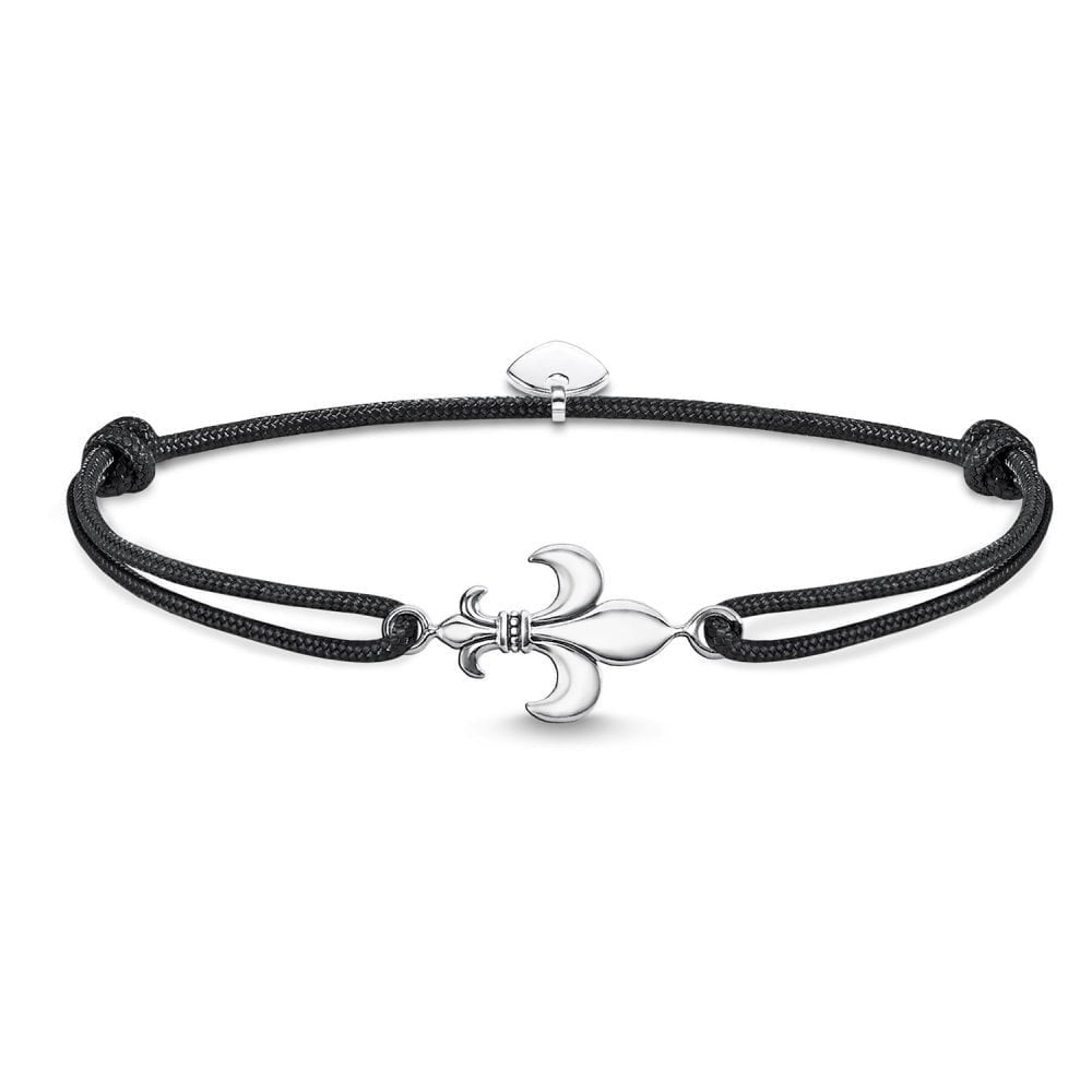 STERLING SILVER UNISEX FLEUR DE LIS ADJUSTABLE BLACK NYLON BRACELET WITH BLACK ZIRCONIA DETAIL