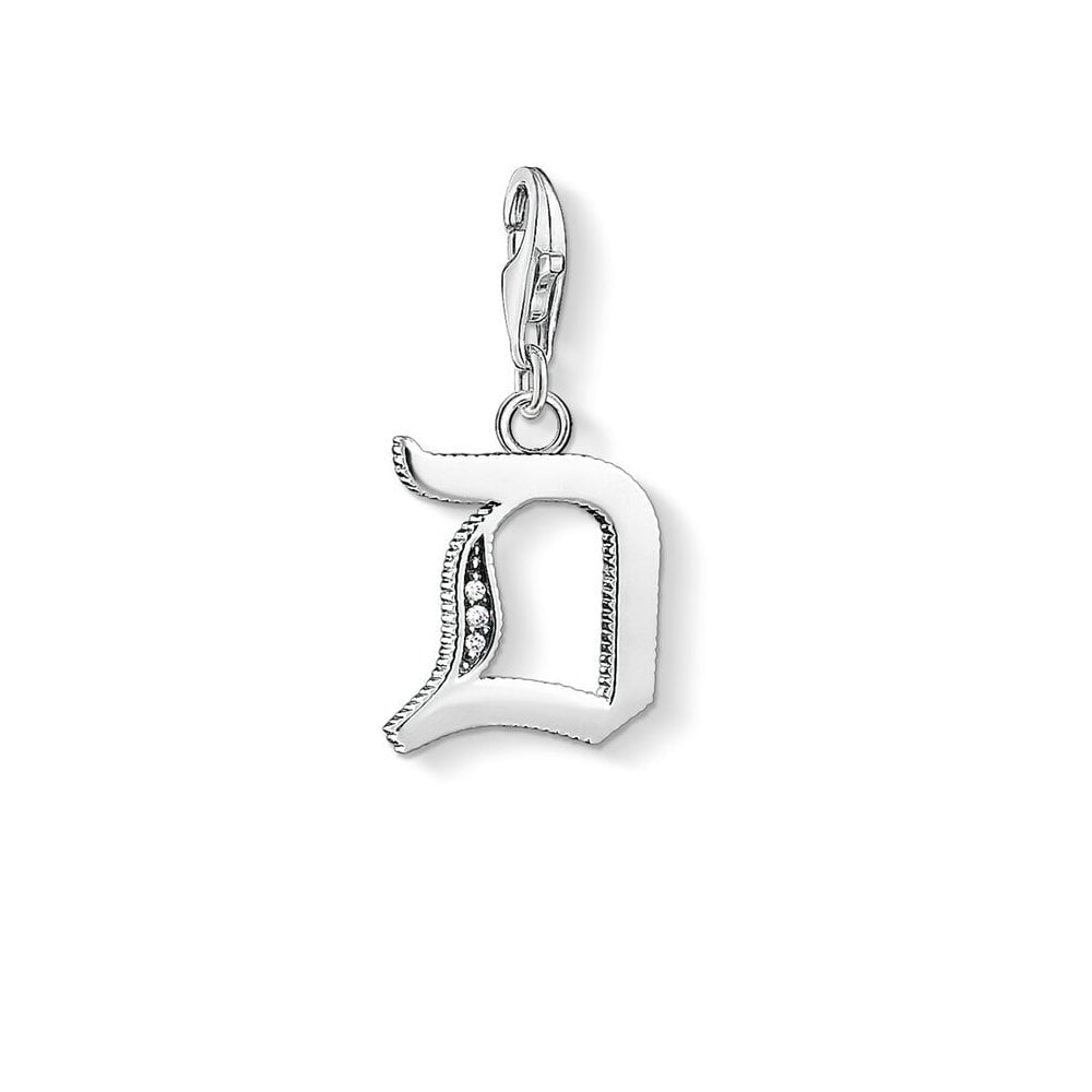 STERLING SILVER VINTAGE STYLE LETTER "D" CHARM PENDANT WITH CUBIC ZIRCONIA