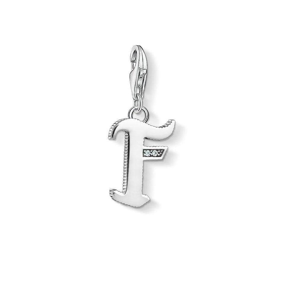 STERLING SILVER VINTAGE STYLE LETTER "F" CHARM PENDANT WITH CUBIC ZIRCONIA