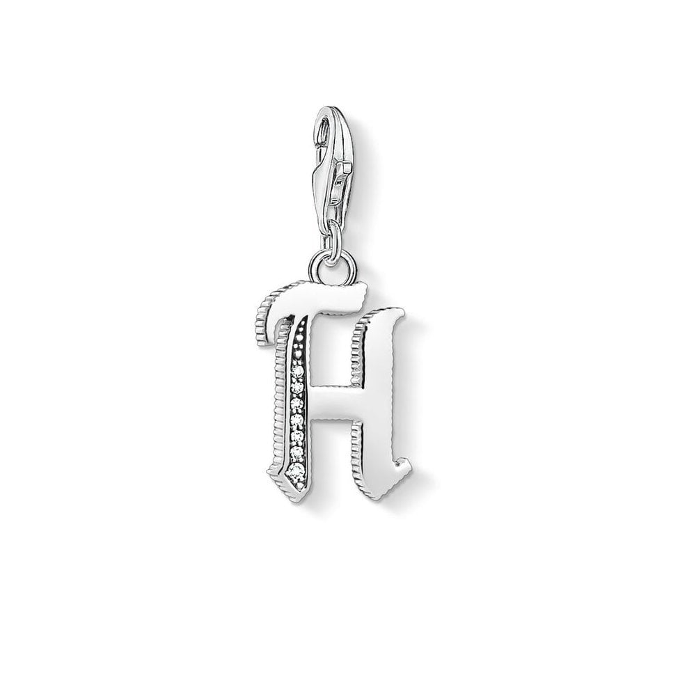 STERLING SILVER VINTAGE STYLE LETTER "H" CHARM PENDANT WITH CUBIC ZIRCONIA