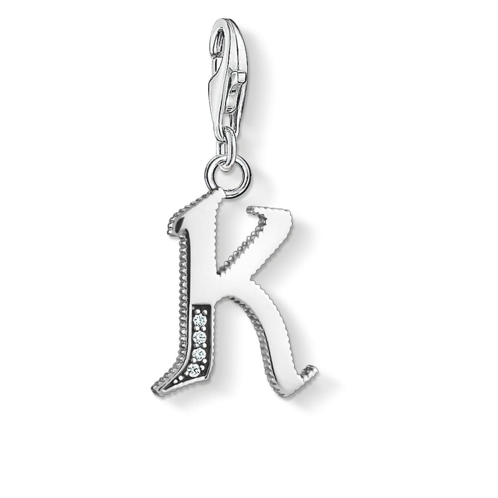 STERLING SILVER VINTAGE STYLE LETTER "K" CHARM PENDANT WITH CUBIC ZIRCONIA