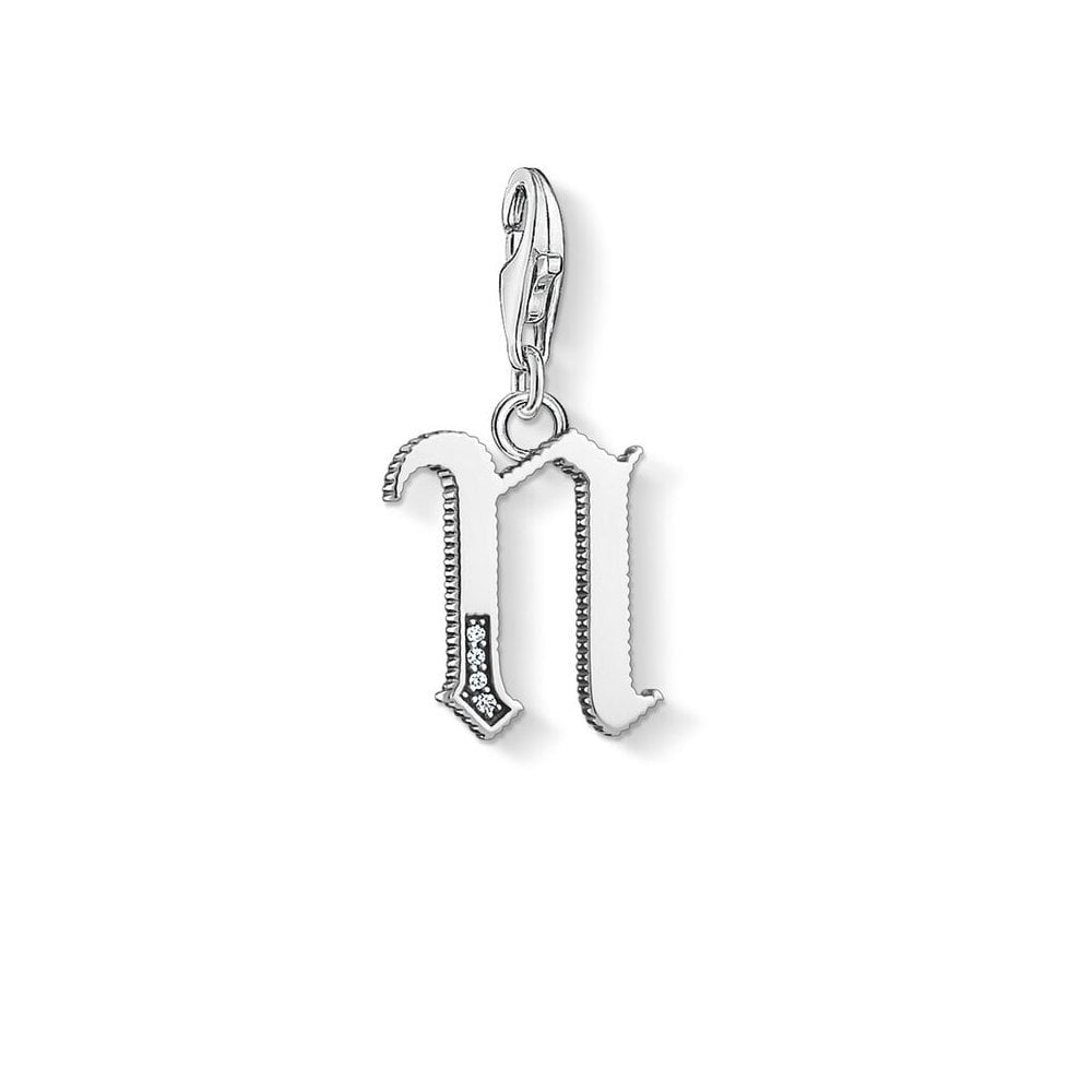 STERLING SILVER VINTAGE STYLE LETTER "N" CHARM PENDANT WITH CUBIC ZIRCONIA
