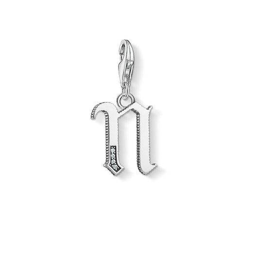 STERLING SILVER VINTAGE STYLE LETTER "N" CHARM PENDANT WITH CUBIC ZIRCONIA