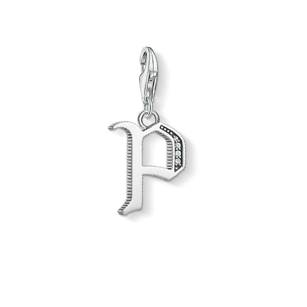 STERLING SILVER VINTAGE STYLE LETTER "P" CHARM PENDANT WITH CUBIC ZIRCONIA