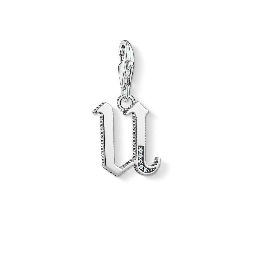 "STERLING SILVER VINTAGE STYLE LETTER ""U"" CHARM PENDANT WITH CUBIC ZIRCONIA "