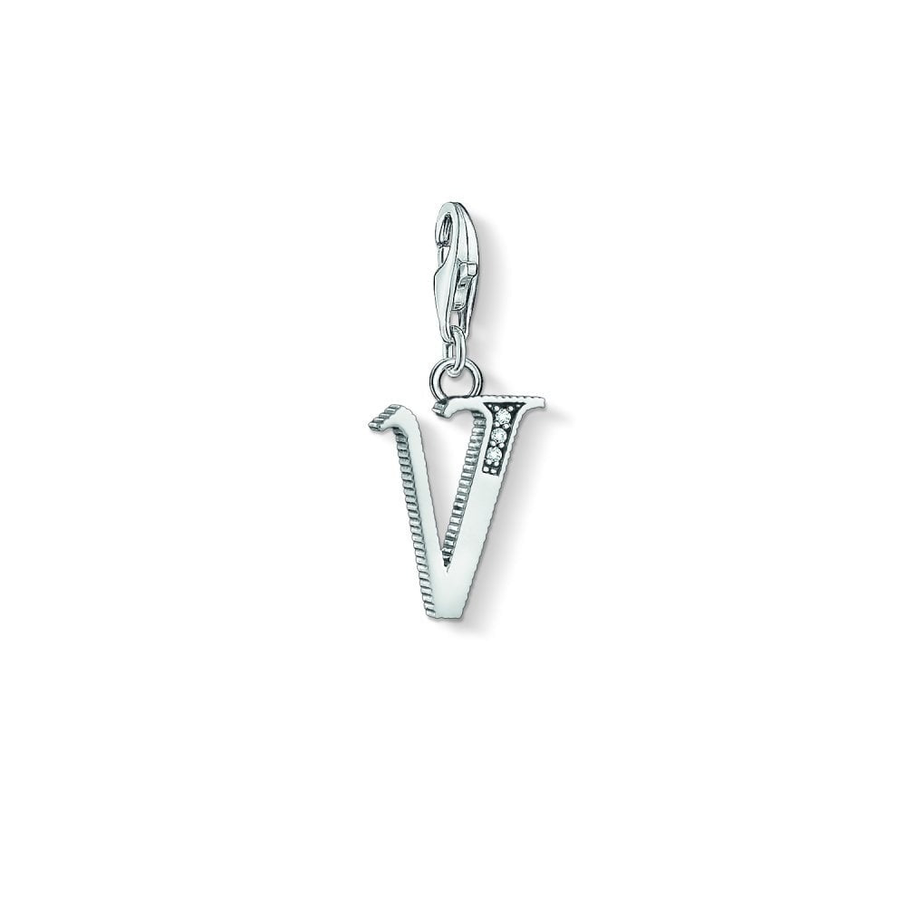 STERLING SILVER VINTAGE STYLE LETTER "V" CHARM PENDANT WITH CUBIC ZIRCONIA