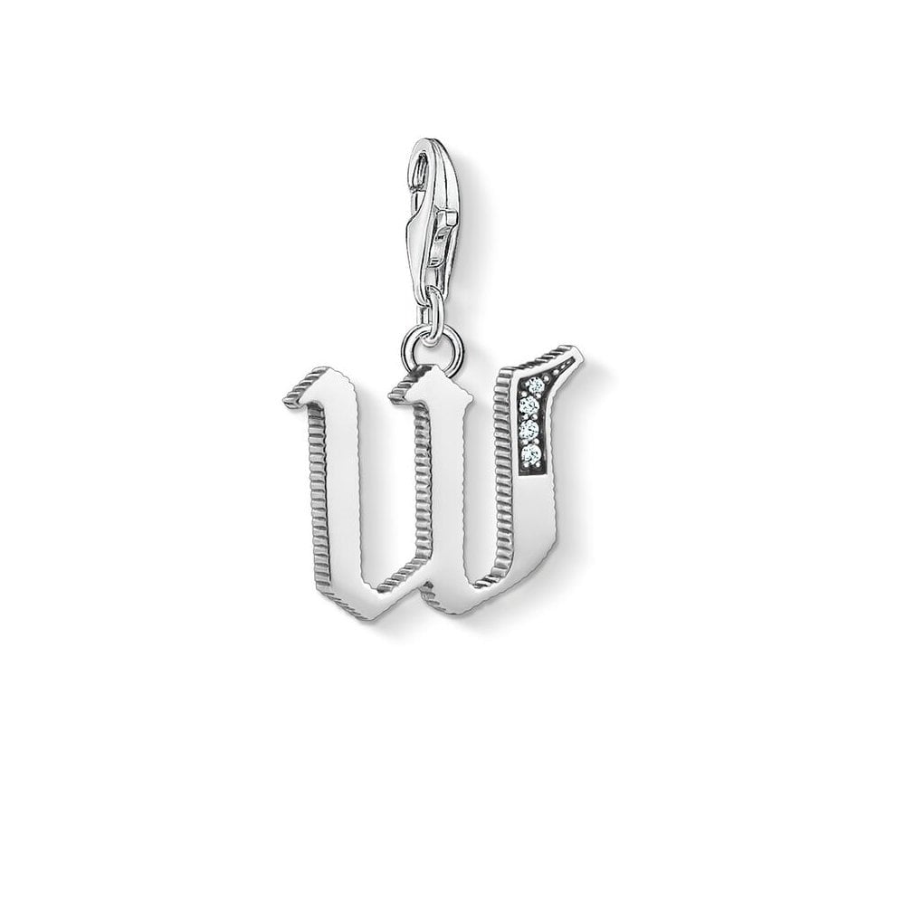 STERLING SILVER VINTAGE STYLE LETTER "W" CHARM PENDANT WITH CUBIC ZIRCONIA