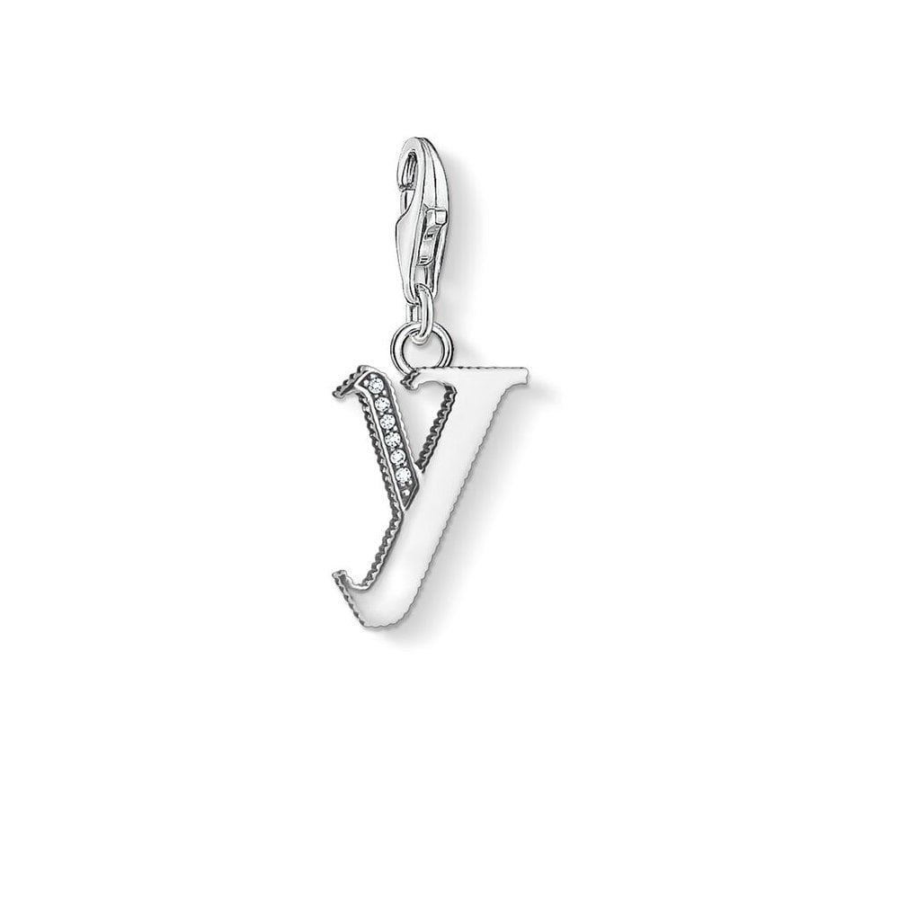 STERLING SILVER VINTAGE STYLE LETTER "Y" CHARM PENDANT WITH CUBIC ZIRCONIA