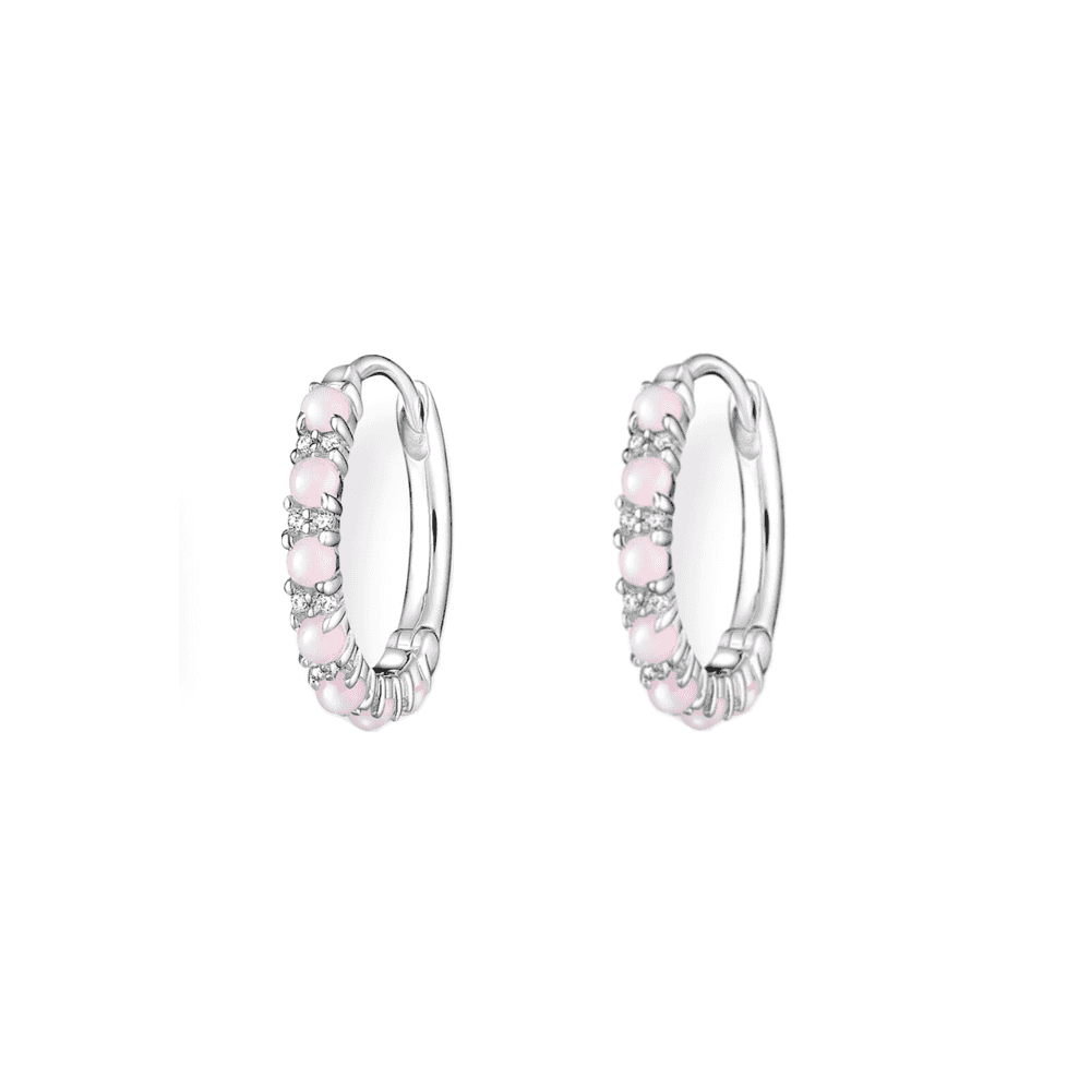 STERLING SILVER ZIRCONIA & OPAL IMITATION SHIMMERING PINK TRUE ROMANCE HOOP EARRINGS
