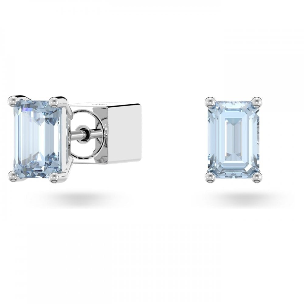 STILLA BLUE CUSHION CUT STUD EARRINGS WITH RHODIUM FINISH