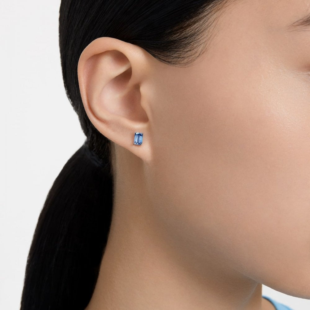 STILLA BLUE CUSHION CUT STUD EARRINGS WITH RHODIUM FINISH
