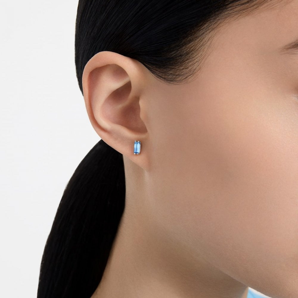 STILLA BLUE CUSHION CUT STUD EARRINGS WITH RHODIUM FINISH