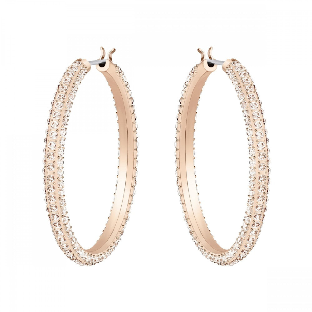 STONE HOOP EARRINGS, PINK PAVE SET SWAROVSKI CRYSTALS, ROSE-GOLD TONE PLATED