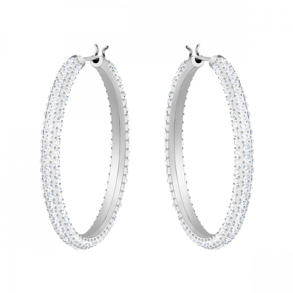 STONE HOOP EARRINGS, WHITE SWAROVSKI CRYSTAL, RHODIUM PLATED
