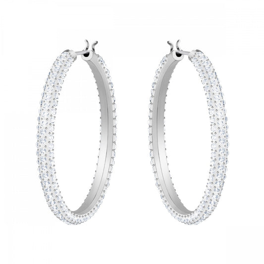 STONE HOOP EARRINGS, WHITE SWAROVSKI CRYSTAL, RHODIUM PLATED