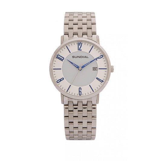 SUNDIAL STAINLESS STEEL BRACELET WATCH WITH BLUE BATONS ON DIAL & DATE FEATURE