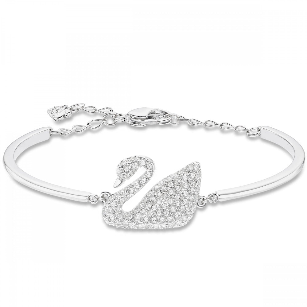 SWAN BANGLE, WHITE SWAROVSKI CRYSTALS, RHODIUM PLATED