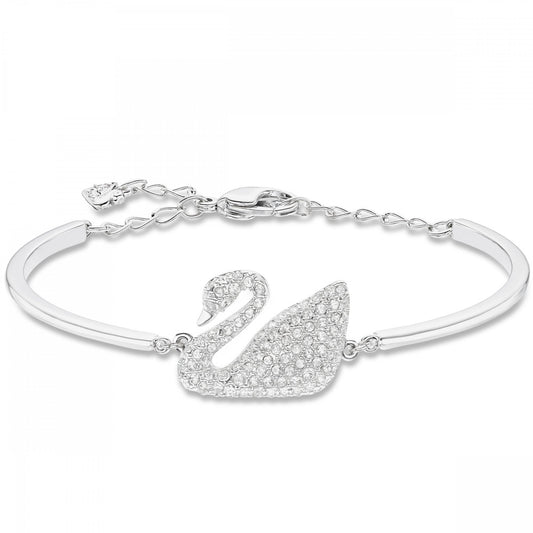 SWAN BANGLE, WHITE SWAROVSKI CRYSTALS, RHODIUM PLATED