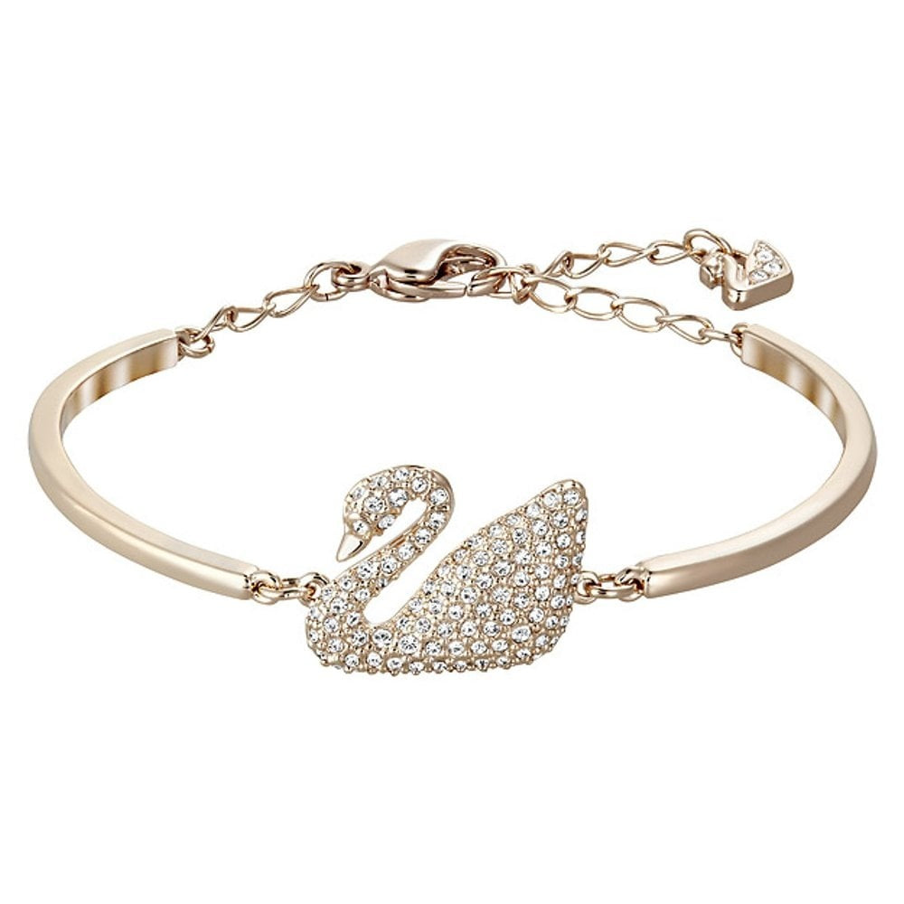 SWAN BANGLE, WHITE SWAROVSKI CRYSTALS, ROSE-GOLD TONE PLATED