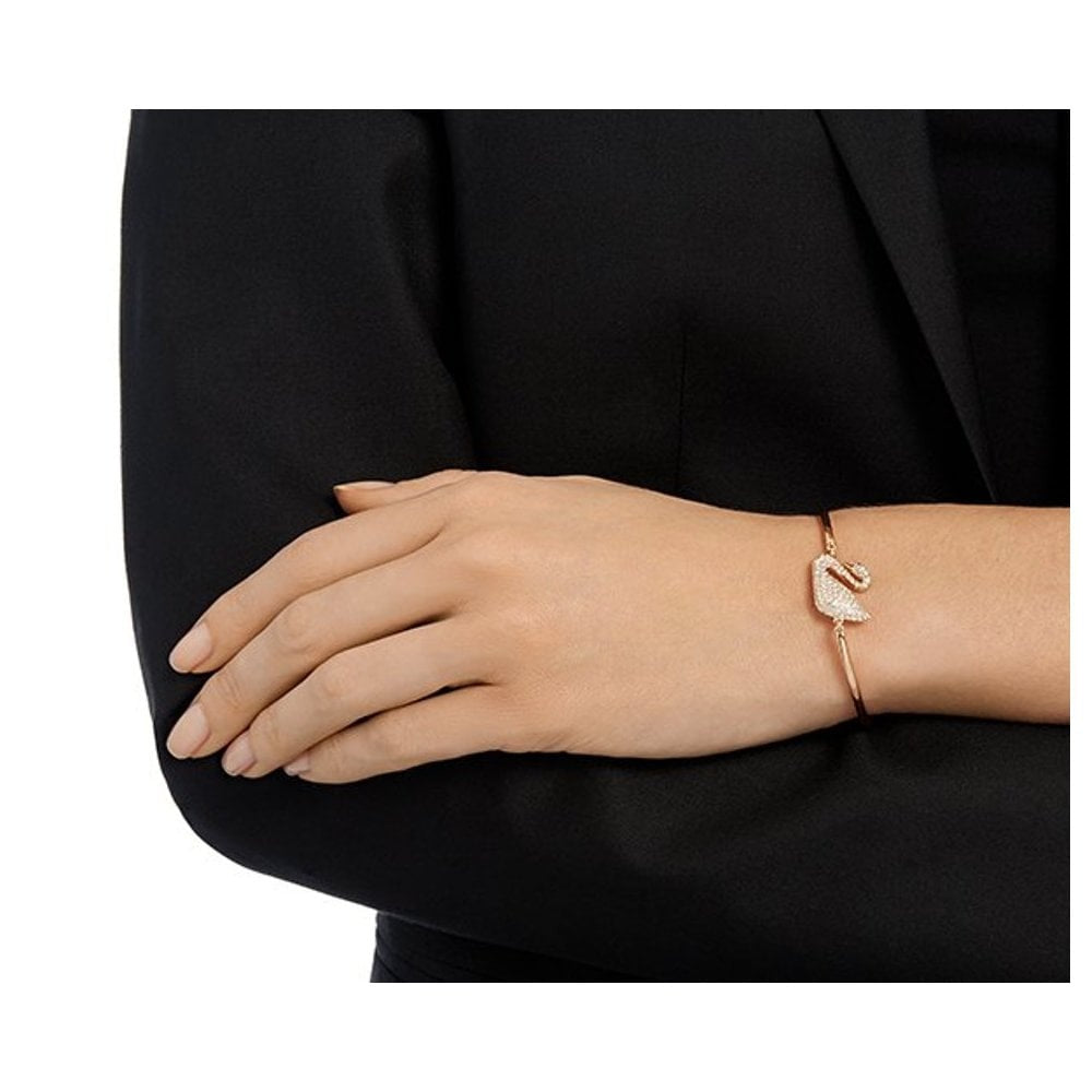 SWAN BANGLE, WHITE SWAROVSKI CRYSTALS, ROSE-GOLD TONE PLATED