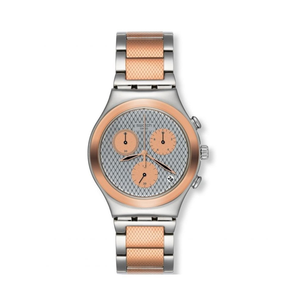SWATCH IRONY CHRONO - GRILL CHILL 2 TONE ROSE & STAINLESS STEEL BRACELET CHRONOGRAPH WATCH