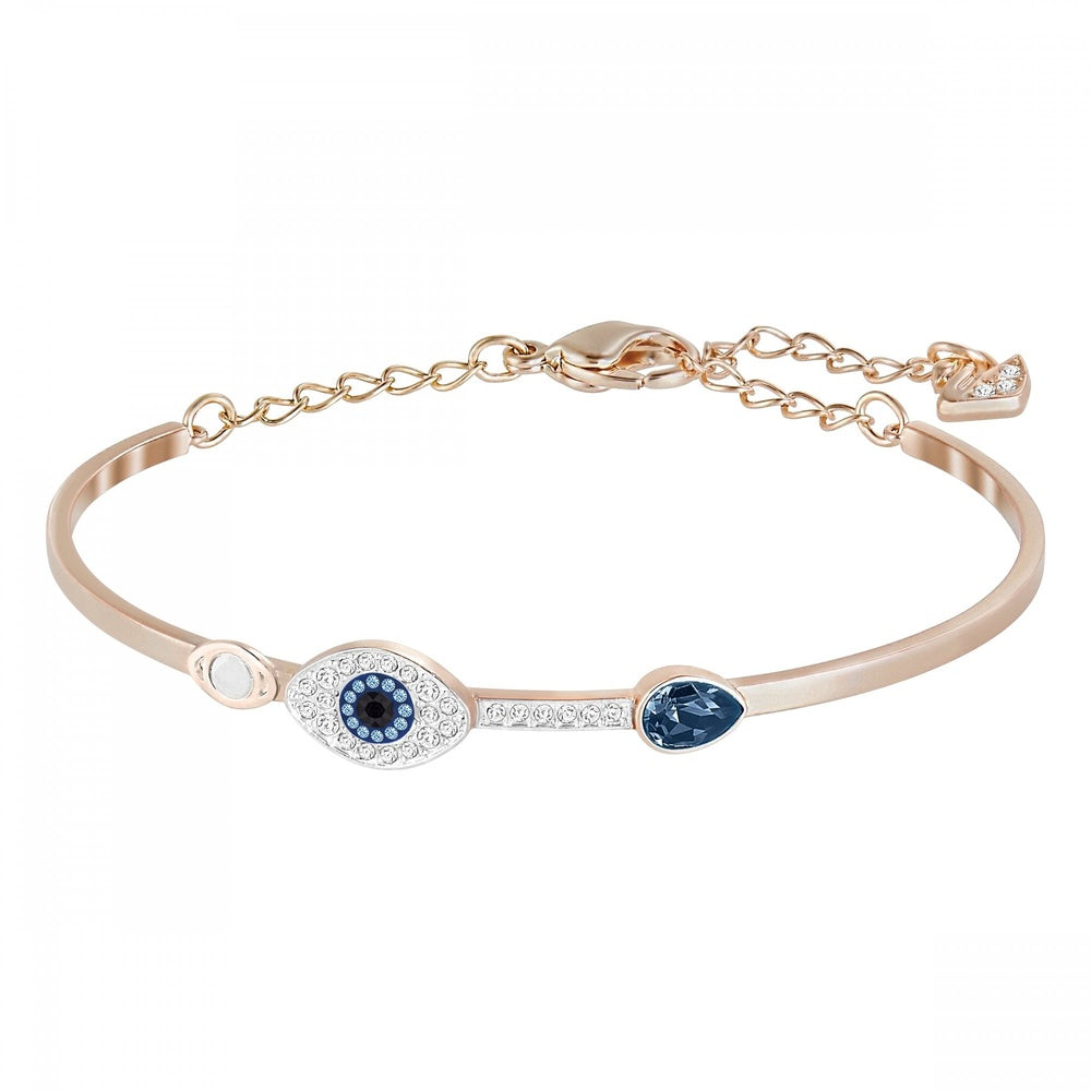 SYMBOLIC EVIL EYE BANGLE, BLUE & WHITE SWAROVSKI CRYSTALS, ROSE GOLD & RHODIUM PLATED