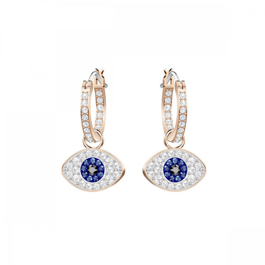SYMBOLIC EVIL EYE HOOP EARRINGS, MULTI-COLOURED, ROSE-GOLD TONE PLATED